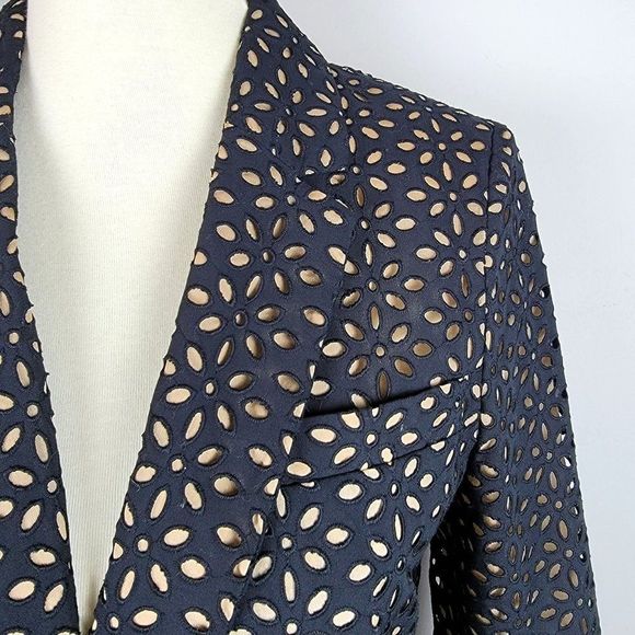 Michael Kors Made In Italy Black Caramel Cotton Silk Embroidered Cutout Blazer 6 - Picture 5 of 15